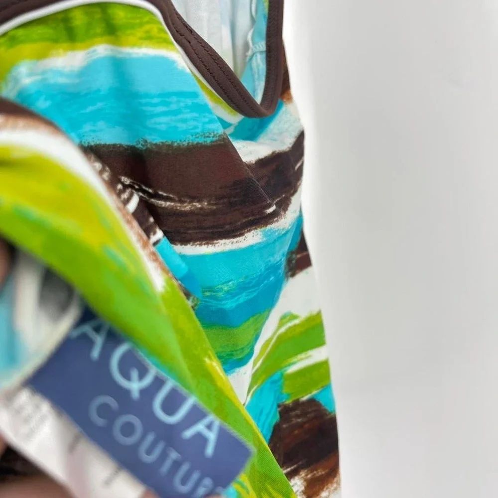 Y2K Striped Halter‎ Tankini Swim Top Brown Green Boho Beachy Tropical Small